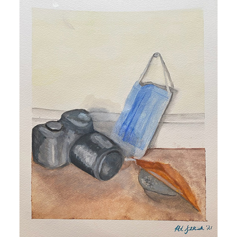 Still life drawing of a camera and other objects