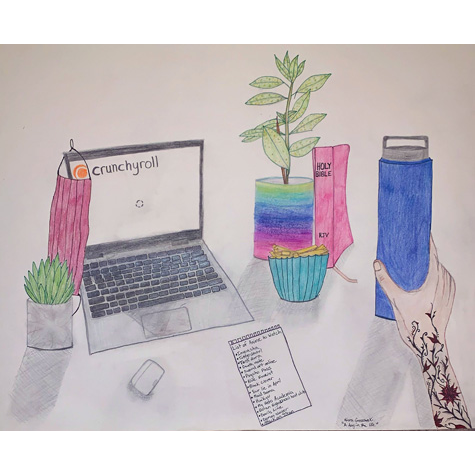 Drawing of a computer, plants, water bottle and other objects