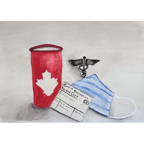 Painting of a mask, covid vaccination card, coffee cup and other items
