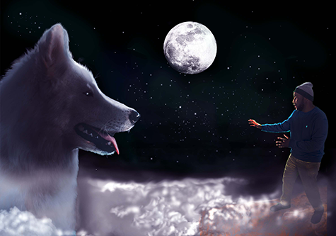 A digital artwork depicting a wolf and a man with a full moon in the background