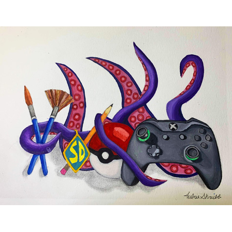 Colorful artwork of a game controller and paint brushes