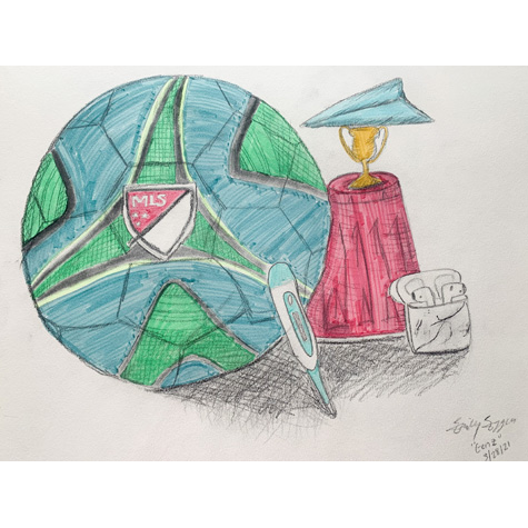 A colorful still life drawing of a soccer ball and other objects