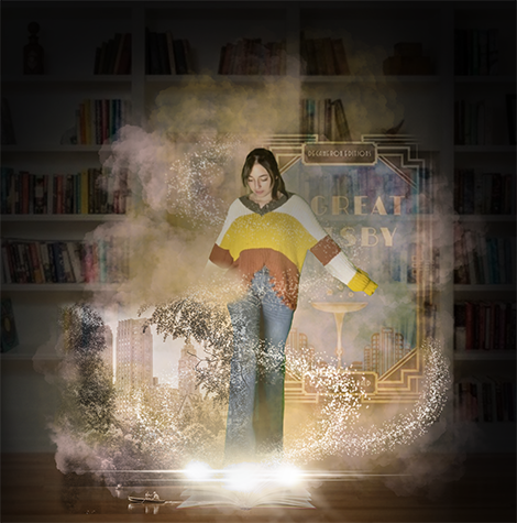 A digital artwork of a girl standing in a library
