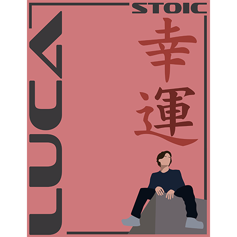 A stylized image of a boy sitting on a rock against a pink background with Japanese writing on the right and the name Luca on the left