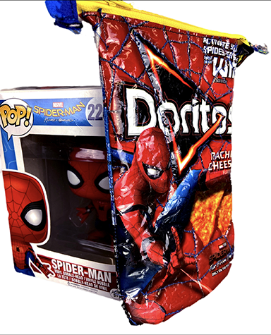 An artwork depicting Spiderman packaging with a Doritos bag with a Spiderman illustration