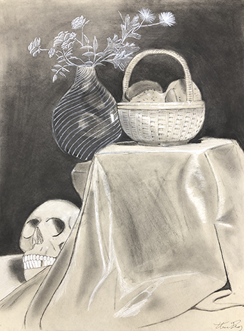 A black and white drawing of a still life with skull, basket, and flowers