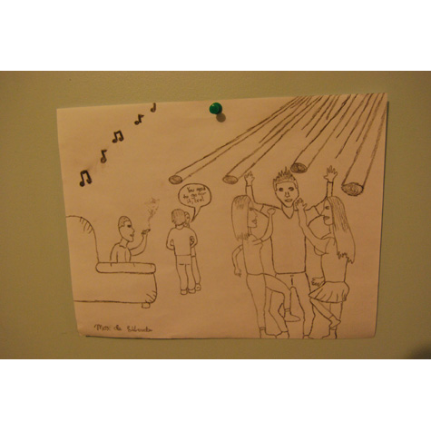 A drawing of people dancing at a party with music notes in the air