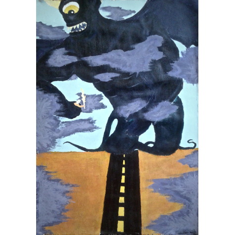 Artwork of a road leading to a shadowy figure