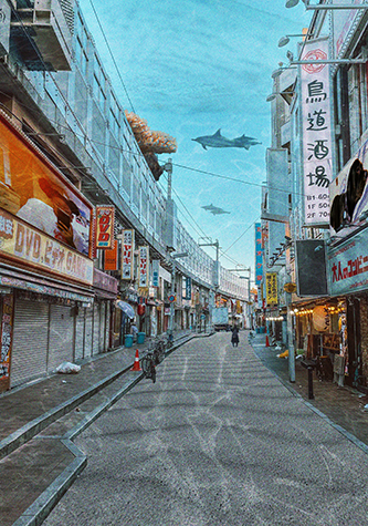 An image of a Tokyo city scene underwater
