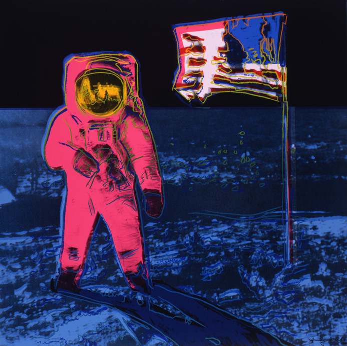 A square silkscreen-printed painting depicting an astronaut walking on the moon. The ground is a deep blue, and the black expanse of outer space meets the horizon line behind the astronaut. The astronaut is posed on the left half of the canvas, wearing a space suit rendered in vibrant pink and orange. The right side of the painting has an American flag planted in the ground and flying backwards.