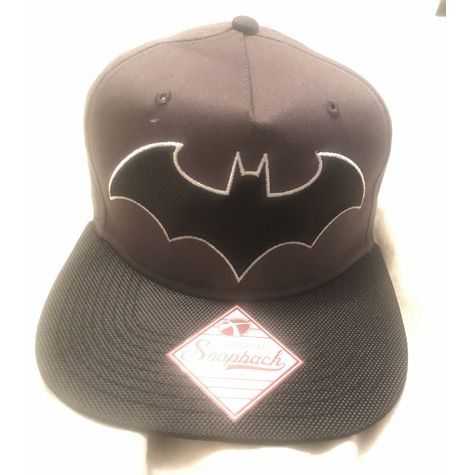 A black baseball hat with a batman logo on it