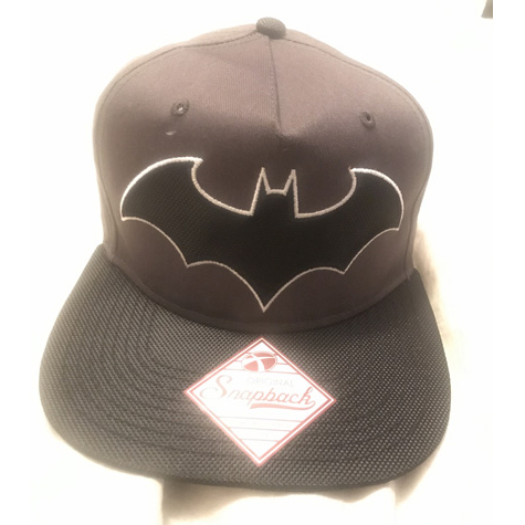 A black baseball hat with a batman logo on it