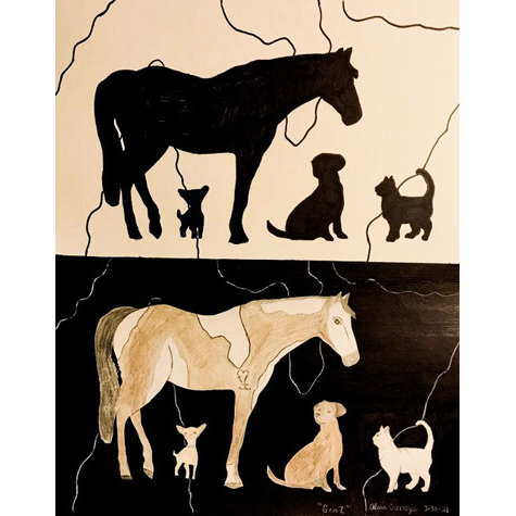 Drawing of a horse above a dog and cat