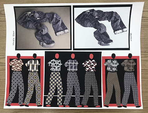 A collage of blue jeans with three patterned renderings below