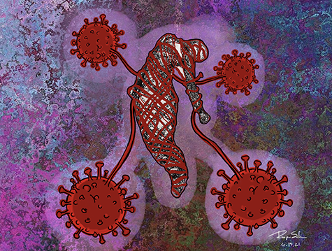 A colorful artwork of the Covid-19 virus
