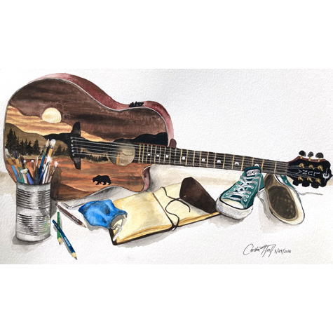 Artwork of a violin, oil paints, pencils and paint brushes