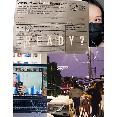 Collage with the word Ready ? on top of a Covid vaccine card