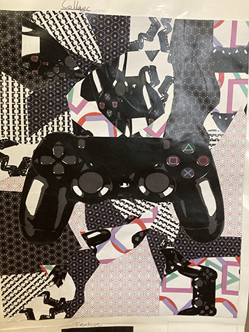 Digital art collage of a Play Station gaming remote