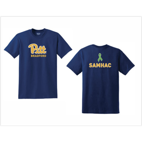 Image of two blue Tshirts, one with the PITT logo and one with the letters SAMHAC