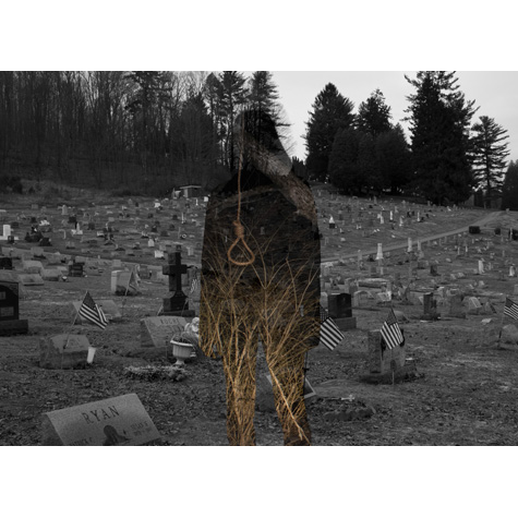 A shadowy figure of a girl standing in a graveyard with the image of a noose
