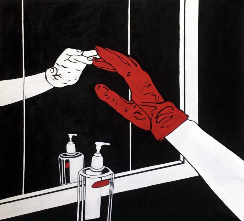 In this painting, a gloved hand gingerly touches a mirror. The painting is mostly rendered in black and white, but the gloved hand and the label on a nearby bottle of hand sanitizer are both red. In the mirror’s reflection, the hand is shown without a glove, as if the person pictured is grasping for a return to normalcy but it’s as distant as making touch with your own reflection.