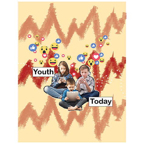 Collage of a boy and a girl with the words youth today and social media ions floating around them