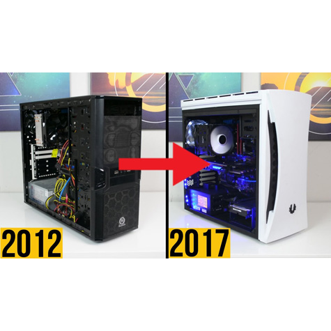 Two computers side by side, one says 2012 and the other 2017
