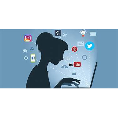 a silhouette of a woman surrounded by icons for various social media apps