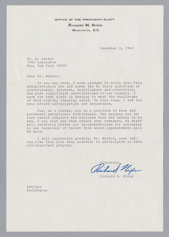 Typewritten letter from Richard Nixon to Andy Warhol