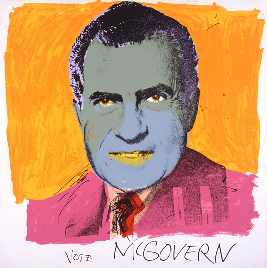 Richard Nixon rendered in Warhol's signature silkscreened portrait style