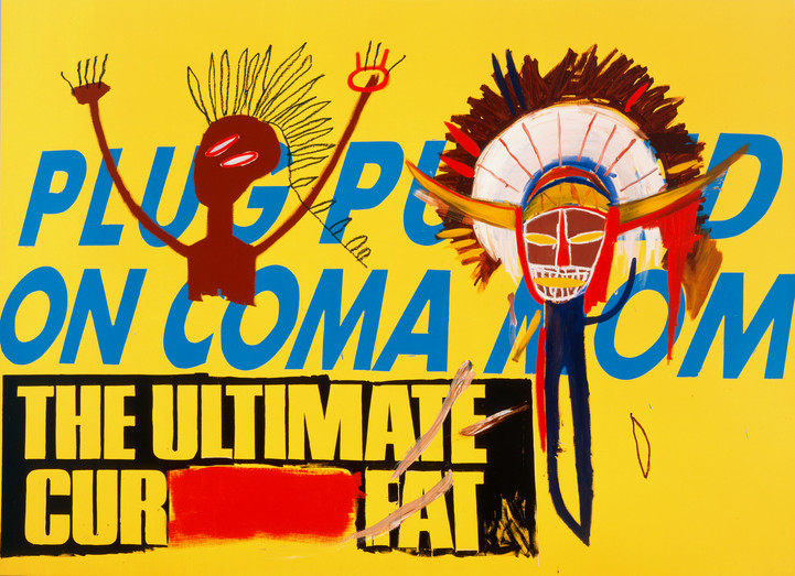 A painting with a yellow background by Jean-Michel Basquiat and Andy Warhol. Basquiat's Native American figures cover text by Warhol which reads PLUG PULLED ON COMA MOM and THE ULTIMATE CURE FOR FAT.