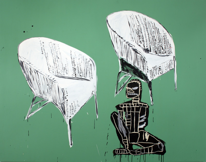 A painting by Jean-Michel Basquiat and Andy Warhol with a green background. A black figure painted by Basquiat sits in front of two white wicker chairs painted by Warhol.