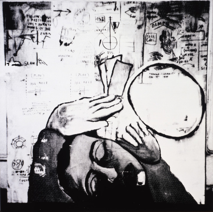 A black-and-white artwork created by Jean-Michel Basquiat, Andy Warhol, and Francesco Clemente. A head and two arms and hands painted by Clemente dominate the bottom half of the canvas, Basquiat's symbols and writings can be seen in the top half.