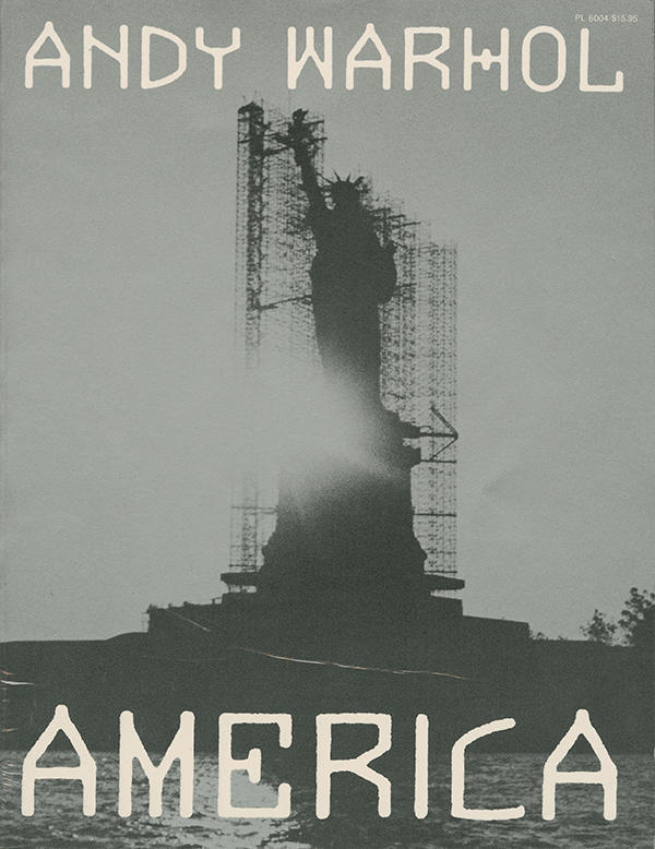 Cover of Warhol's America, which features the Statue of Liberty under construction.
