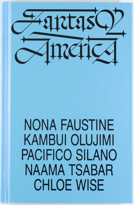 Blue book cover with black text that reads Fantasy America