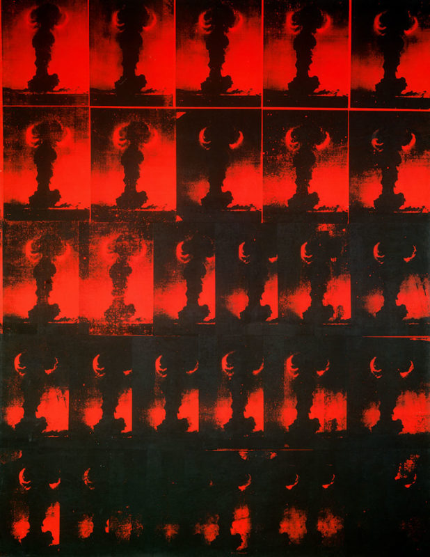 A grid of Atomic explosion photographs silkscreened in red.