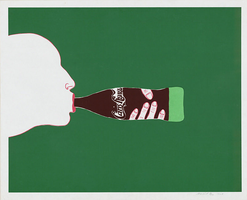Painting of a silhouette of a person's face in white paint on the left side with a Coke-a-Cola bottle in the mouth as if they are drinking it. There are fingers painted in white on the bottle. This is all on a green background.