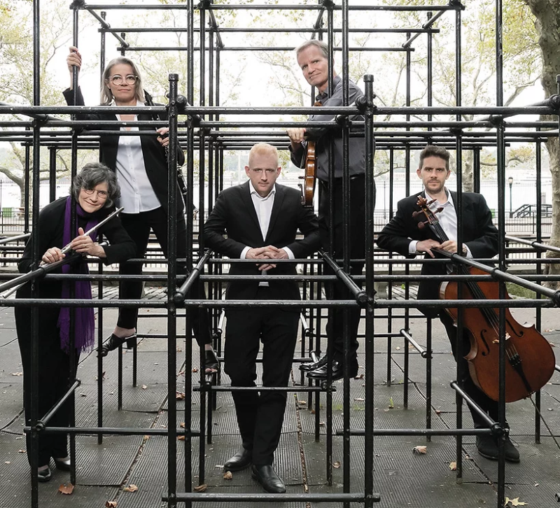 Five people are in different positions around a jungle gym in a park. One of them is holding a cello.