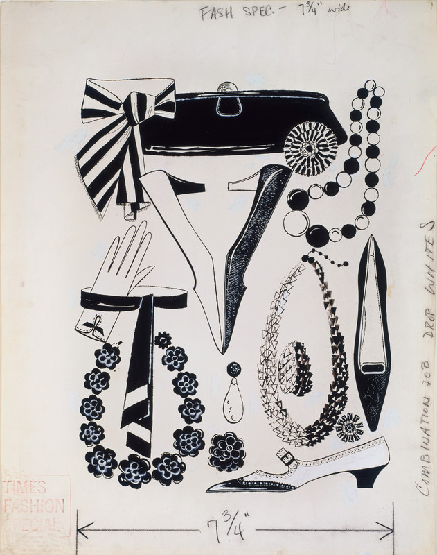 Pen and ink drawing on paper of a variety of women’s accessories, such as jewelry, a handbag and shoes