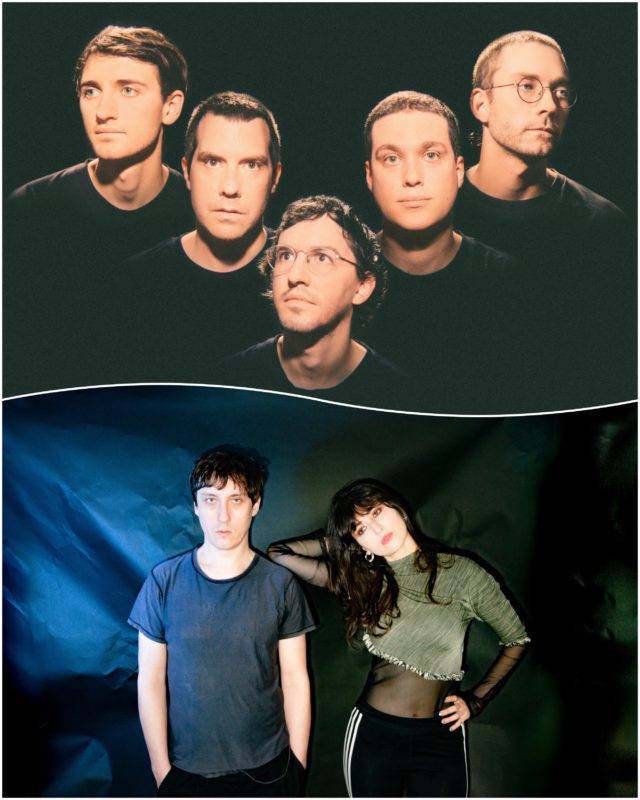 Two photos. One on the top shows five people posed in a V shape. The bottom photo shows two people standing next to each other in front of a blue background.