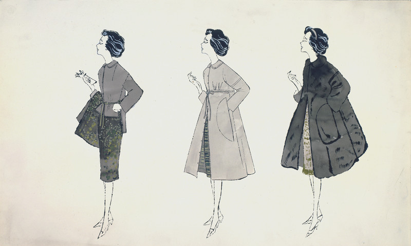 An illustration of three women posed the same way, looking to the side, each in a different outfit