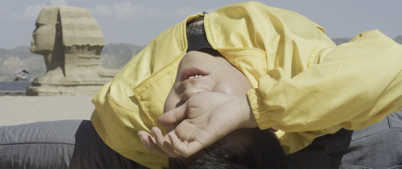 A film still of a person wearing a yellow coat with their hand over their eyes is laying on top of something in a desert. A very large Sphinx is in the background.