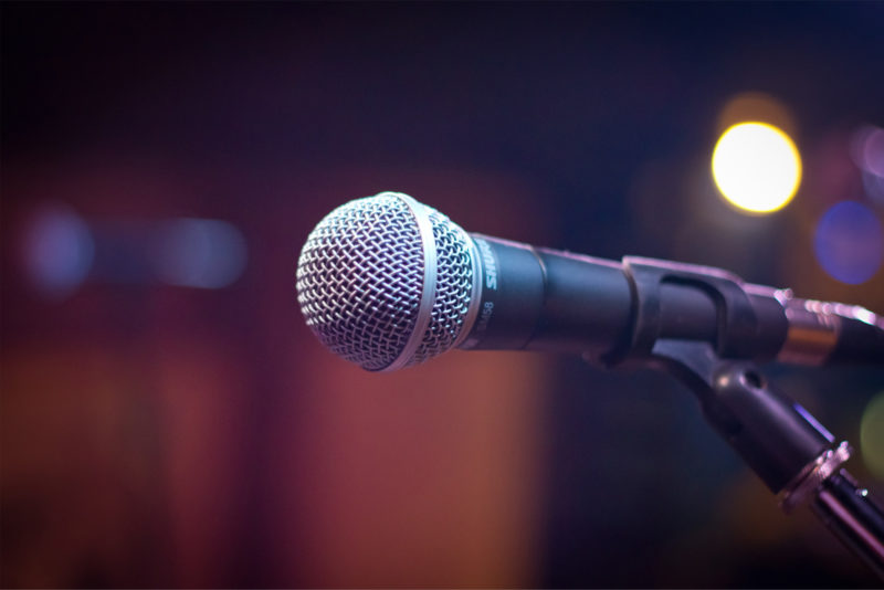Photograph of a closeup of a microphone in a mic stand.