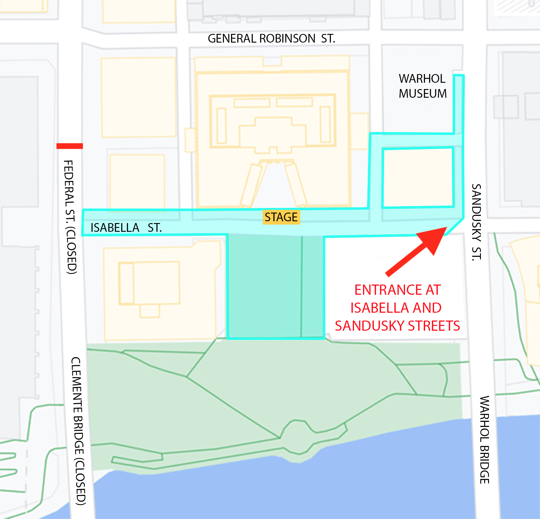 A site map of the area where the Sound Series: Block Party where be held with an arrow that shows where the entrance will be.