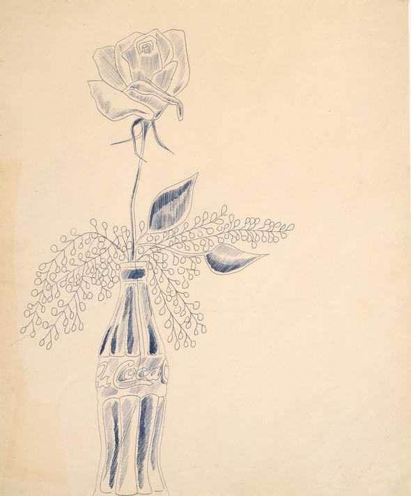A drawing of a single rose coming out of the top of a glass Coca-Cola bottle.