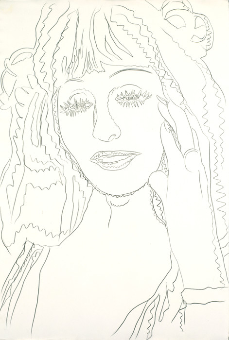 A graphite drawing of a drag queen from the bust up, with long eyelashes and long hair holding her hand to her face. The graphite is used to outline the model's features with lines rather than with shading.