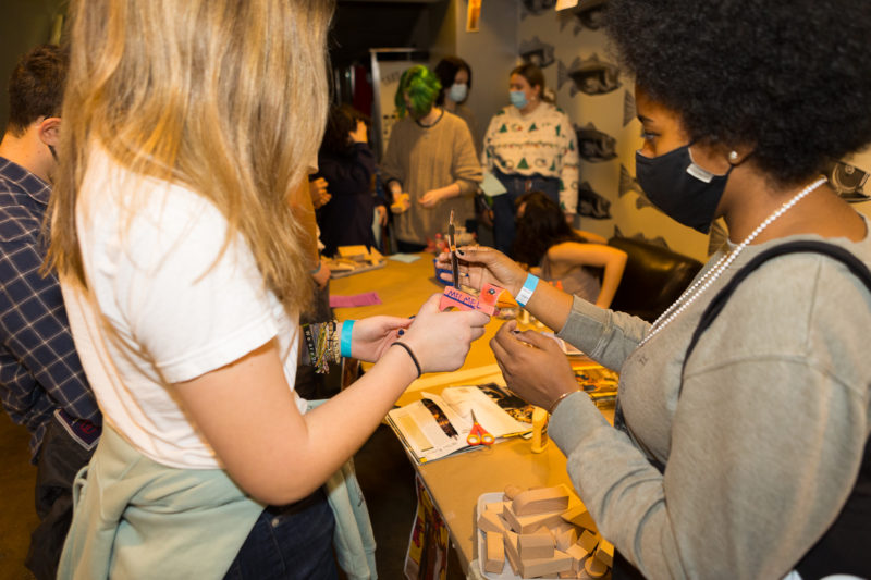 Group of teens making hand made stamps in the factory – an art making space located on the underground level of The Warhol.