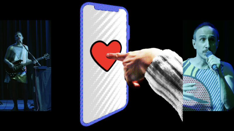 Split screen showing each member of Princess performing live on a stage on the right and left sides and a hand touching a red heart in the middle of a screen on a phone in the middle.