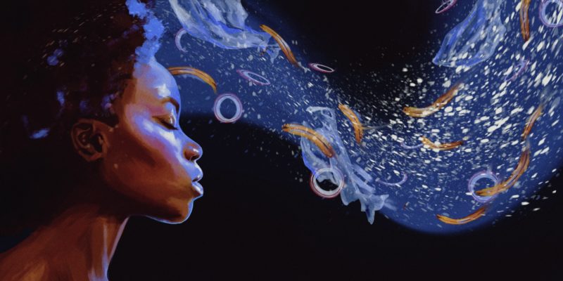 Digital art representing a black woman with an afro in profile on the left with a galaxy of blue, purple, and yellow shapes flowing from her head across the canvas on a black background.