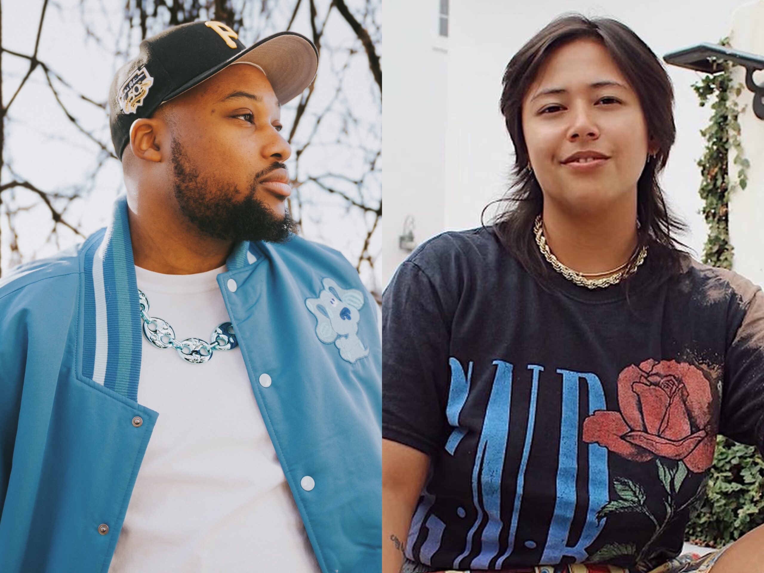 Two photos side by side. The left photo is Jordan Montgomery outside looking to his left while wearing a Pittsburgh Pirates hat, white t-shirt, and open, blue button down shirt. The photo on the right is of Lys Scott outside looking towards the camera while wearing a black t-shirt.